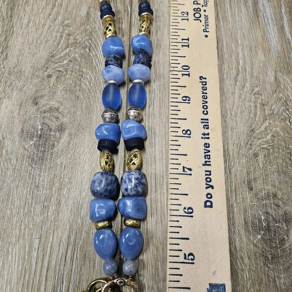 Chicos Long Statement Necklace Janet Blue Longhorn Pendant Beaded Leather Tassle